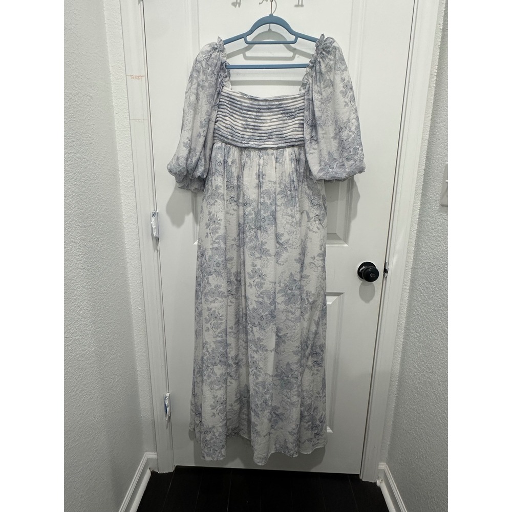 Worth Collective Melody Maxi Dress Blue Floral Puff Sleeve Tie Back Size L - Picture 4 of 15